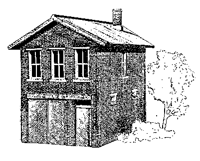 Safety Hook & Ladder Co. Firehouse. A three quarter view line drawing 
of this two-story brick structure. Features three four-pane windows across the 
front of the top floor with a large wooden engine door on the ground floor.
